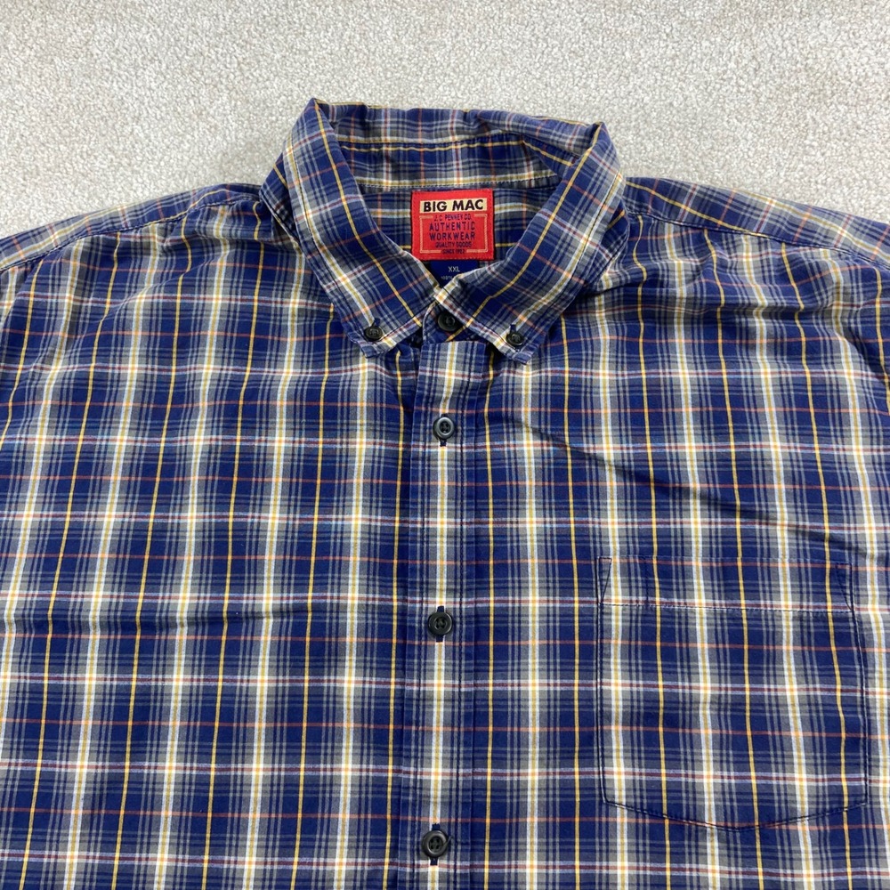 Vtg Big Mac Button Down Shirt Mens XXL Blue Plaid Short Sleeve Cotton Workwear